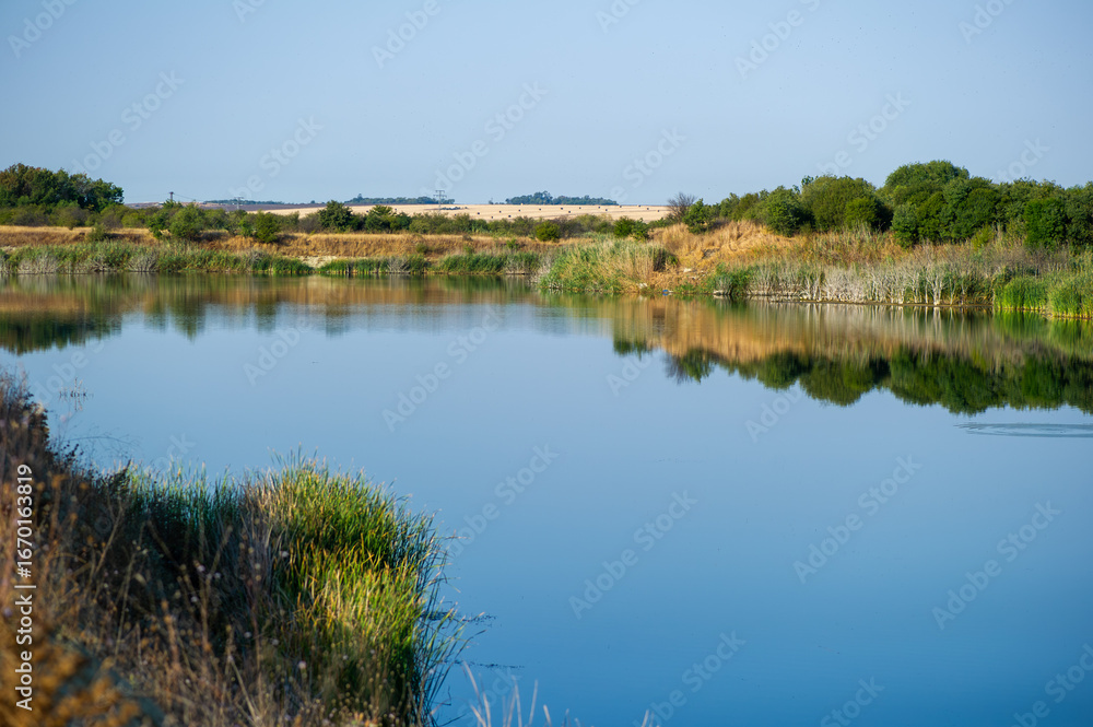 Fototapeta premium Still waters mirror the soft greenery and golden fields beneath a wide blue sky, evoking rural calm and natural harmony.