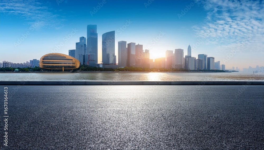 Fototapeta premium empty road floor surface with modern city landmark buildings of hangzhou bund skyline zhejiang china