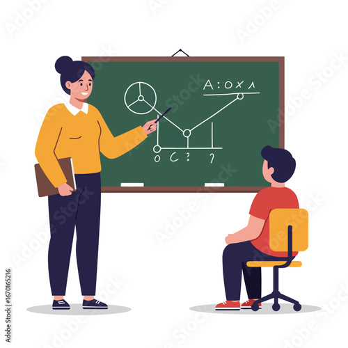 A female teacher explains a math lesson to a male student using a graph on a blackboard.