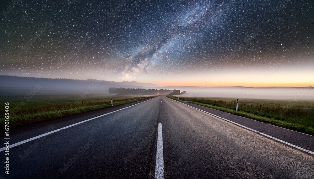Fototapeta premium starry expanse over misty route a celestial journey on an empty open highway