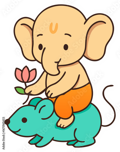 Baby Ganesha Riding Mouse – PNG Sticker