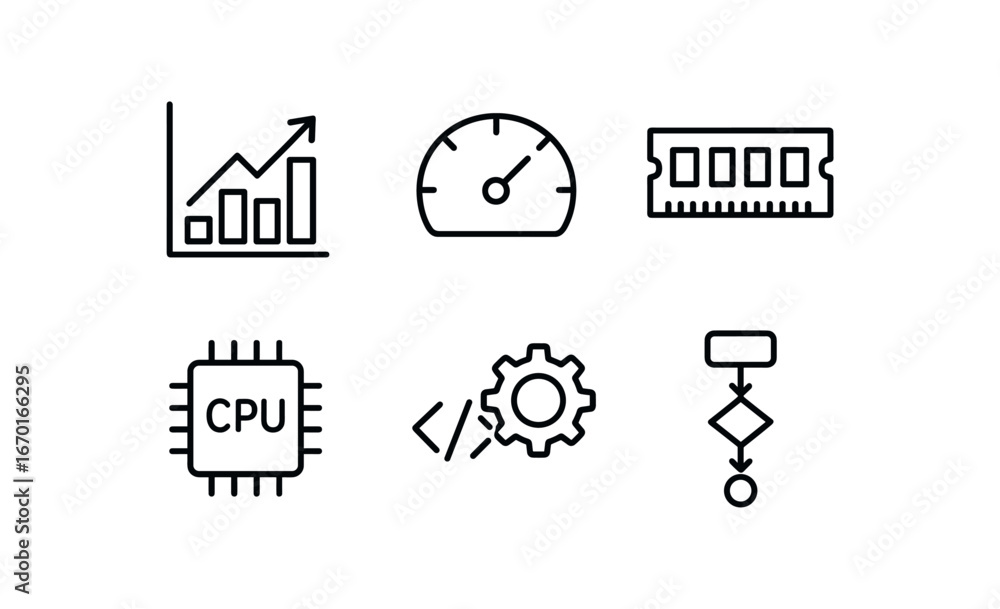 Fototapeta premium simple outline stroke icon isolated on white background: optimization chart speed dial memory bar cpu core code gear process flow