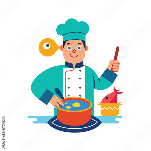Happy chef stirring delicious soup with a spoon and whisk