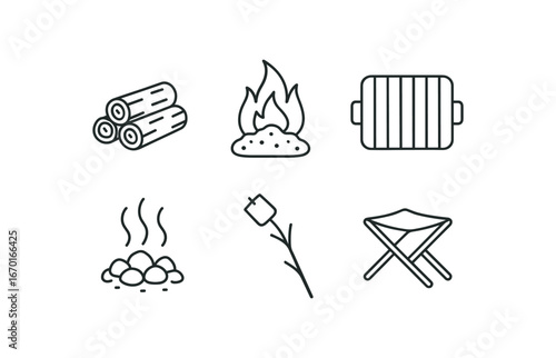 simple outline stroke icon isolated on white background: firewood stack ember glow grill grate hot ash marshmallow stick camp stool