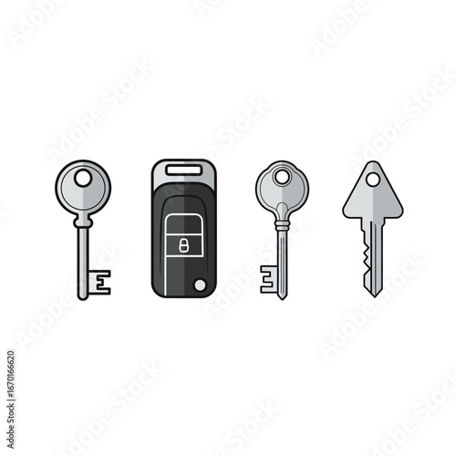 Collection of four keys including car key fob and traditional keys representing access security and property ownership vector