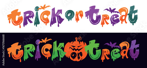 Happy Halloween set - Trick or treat – funny cute  hand drawn doodle lettering label, t-shirt design, mug print, sticker print. 100% hand drawn vector