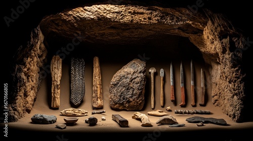Ancient tools displayed in cave setting