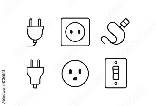 simple outline stroke icon isolated on white background: power plug socket cable wire adapter head outlet face switch toggle