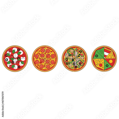 Variety of delicious pizzas divided into four sections with diverse toppings for appetizing food photography vector