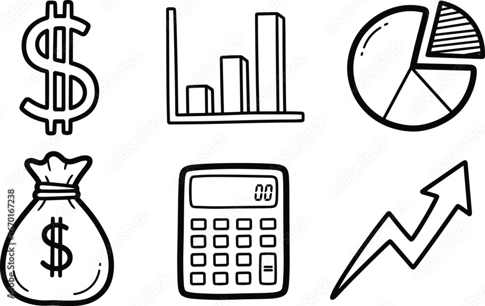 Fototapeta premium Financial Icons: Money Bag, Dollar, Graph, Pie Chart, Calculator, Growth Arrow