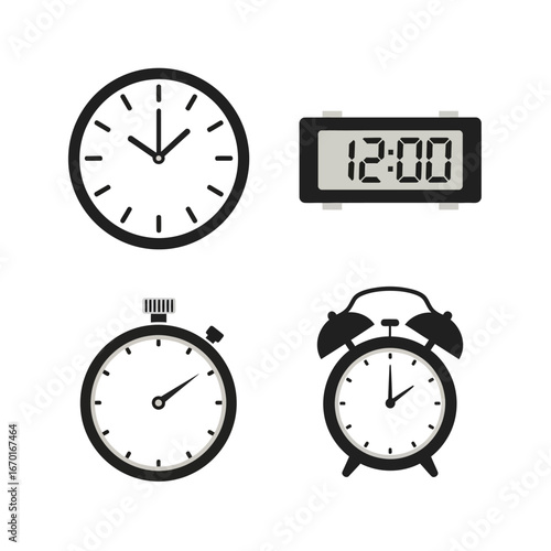 Four distinct timekeeping devices including analog clock stopwatch digital alarm clock and timer representing time management and schedules vector