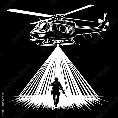 Black and White Vector Silhouette of a Police Helicopter in Air