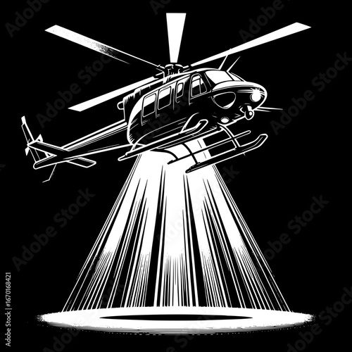 Black and White Vector Silhouette of a Police Helicopter in Air