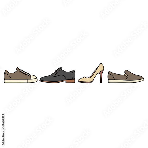 Diverse footwear collection featuring sneakers dress shoes high heels and casual loafers for fashion and style vector