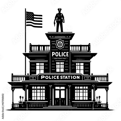 Black and White Vector Silhouette of a Police Station Building