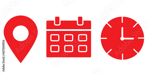 Time, date, location or place icons symbol. Time, date and address icon.