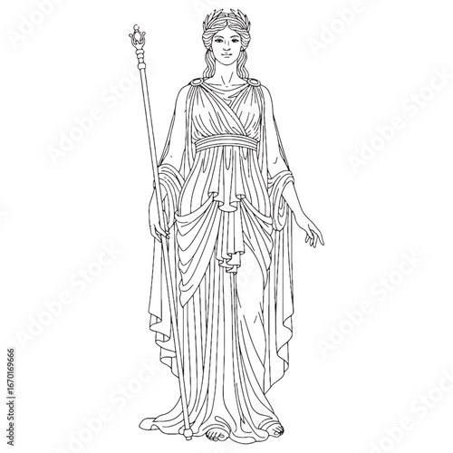 Queen of Olympus Hera Line Art – Hera Vector Outline Drawing with Divine Goddess Form – Hera Drawing – Vector of Hera – Hera Outline – Greek Goddess Lineart