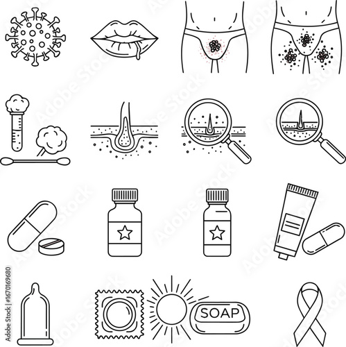 Isolated a Herpes virus line icon set pictograms of genital, oral, lips, rash, swab, test, diagnosis, pill, medicine, cream, protection, condom, hygiene, sunlight, awareness, thin linear vector art .