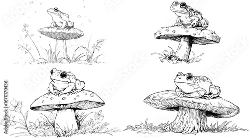 Frogs on Mushrooms, Hand-Drawn Line Art VECTOR