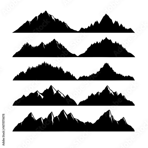 Black mountain silhouettes with white highlights peak