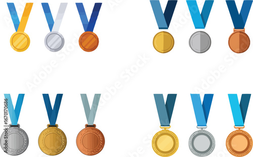 Gold, Silver, Bronze Medals on Blue Ribbons VECTOR