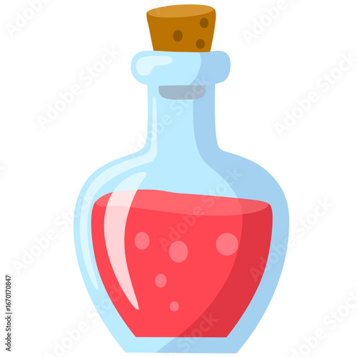 Witch’ poison bottle. Halloween witch bottle with red potion, icon. Flat cartoon vector illustration isolated on white.