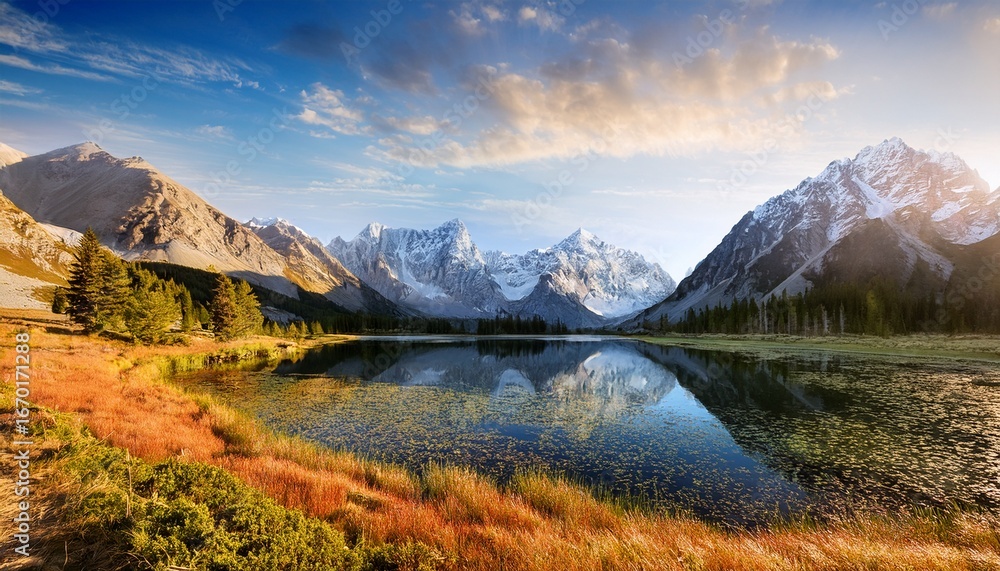 Naklejka premium painting of a mountain range with a lake in the foreground