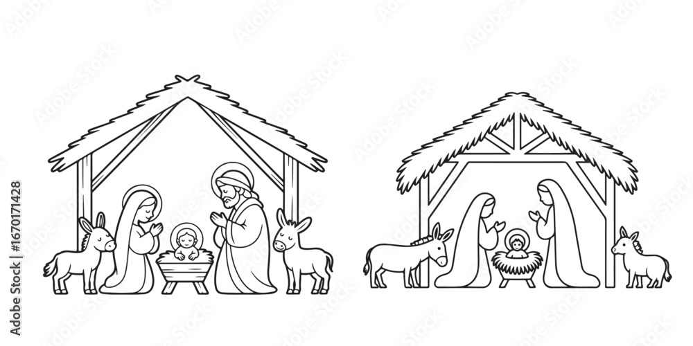 Christmas nativity scene outline coloring book page line art silhouette Christmas nativity scene outline coloring book page line art silhouette