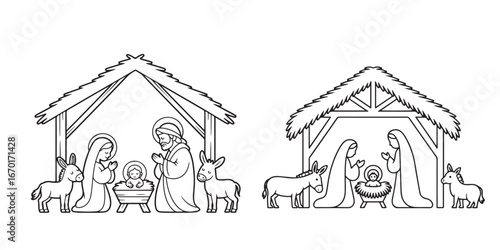 Christmas nativity scene  outline coloring book page line art  silhouette