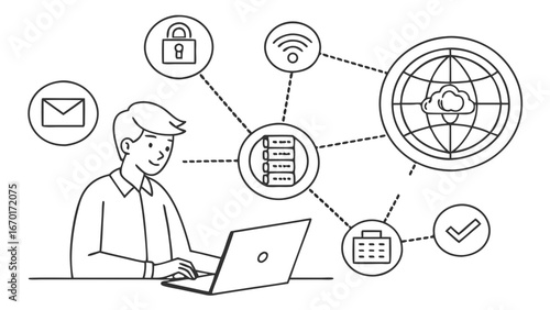 A person working on a laptop with cloud computing secure data transfer and internet of things icons.