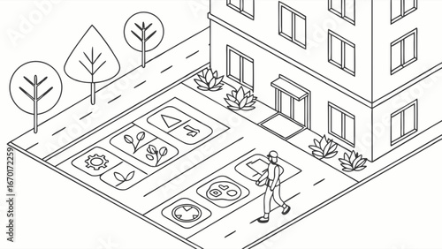 Isometric illustration of an outdoor scene with building person and graphic icons.