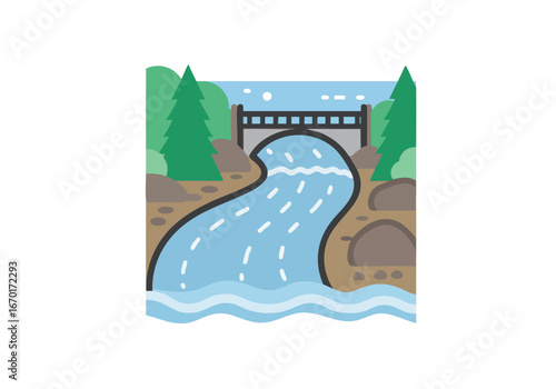 Serene River Landscape Bridge Trees and Flowing Water Illustration