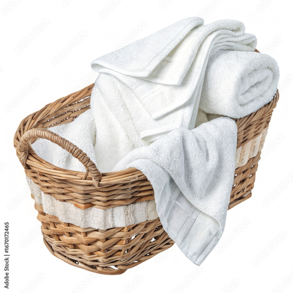 Obraz premium Wicker Basket Filled with Clean Watercolor White Towels isolated on transparent background