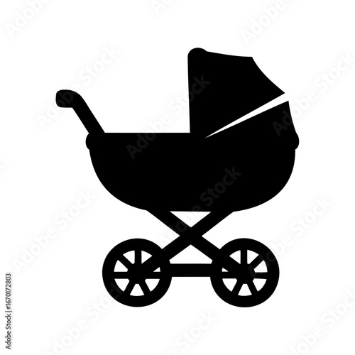 Minimalist black silhouette illustration of a classic baby stroller design