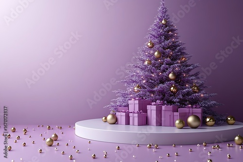 Purple Christmas tree with gold ornaments and gifts on a white platform violet lavender