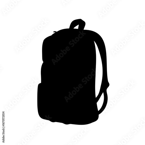 Silhouette of a backpack with multiple compartments and shoulder straps depicted in black