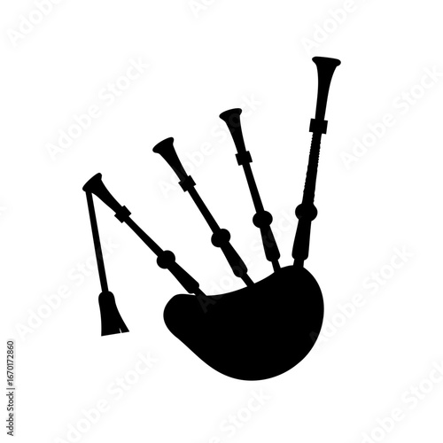 Silhouette of Bagpipes, Traditional Scottish Musical Instrument, Isolated on White Background