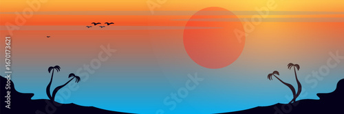 Sunset or sunrise in ocean, nature landscape background, pink clouds flying in sky to shining sun above sea with rocks sticking up of water surface. Evening or morning view Cartoon vector