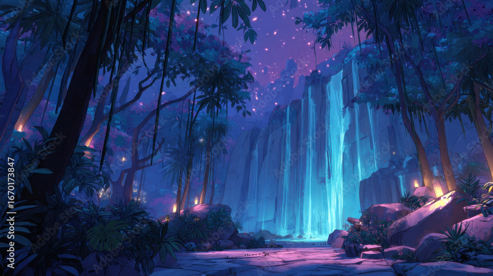 Fototapeta premium Serene waterfall cascades down rocky cliffs, surrounded by lush tropical foliage and illuminated by soft, ethereal lights. enchanting atmosphere evokes sense of tranquility and wonder