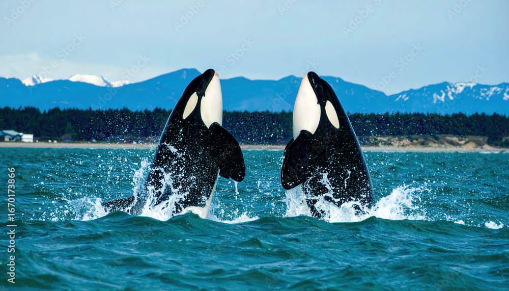 Fototapeta premium Two Orca whales breach the water in a dynamic display near the mountains