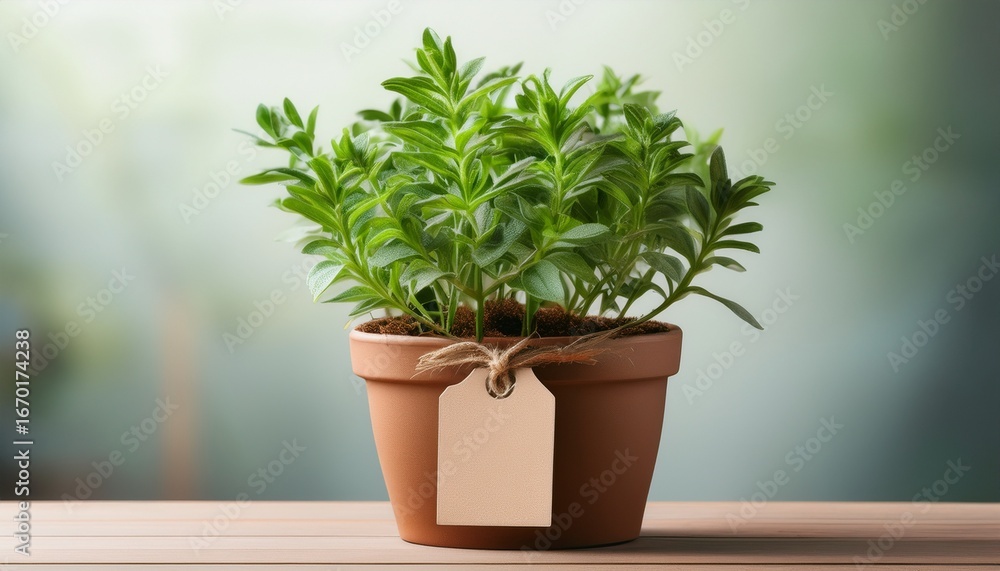 Fototapeta premium green plant in a brown pot with a blank tag