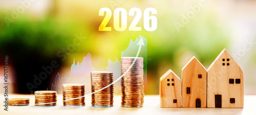 stacking coins with 2026 text on wooden table. Wooden saving word money for buying house	