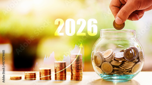 stacking coins with 2026 text on wooden table. Wooden saving word money for buying house	