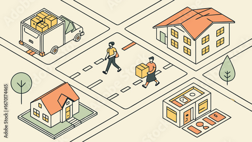 Isometric illustration of people moving boxes between houses and a delivery truck.