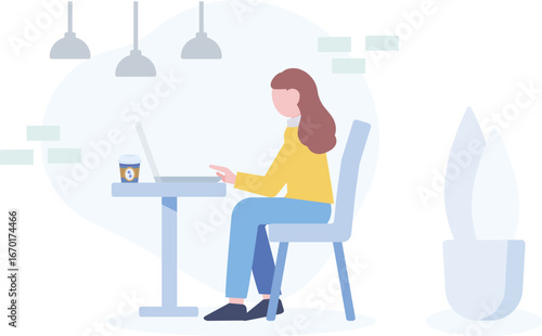 カフェでノートパソコンを操作する女性
