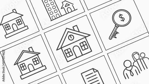 Real Estate Icons Home Building Key Family and Document Illustrations for Website App or Marketing Design.