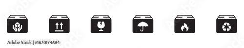 Packaging icon. Package symbols set. Packaging and warning symbols set, fragile cargo icons, fragile package warning signs umbrella, box in hands, glass, side up box, logistics delivery shipping. 
