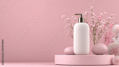 A 4K photo of elegant cosmetic bottle podium on pink background for product presentation.