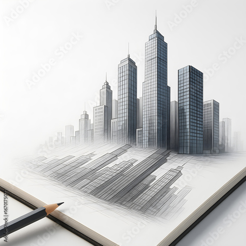 Architectural sketch of modern city skyline with pencil drawing on white paper