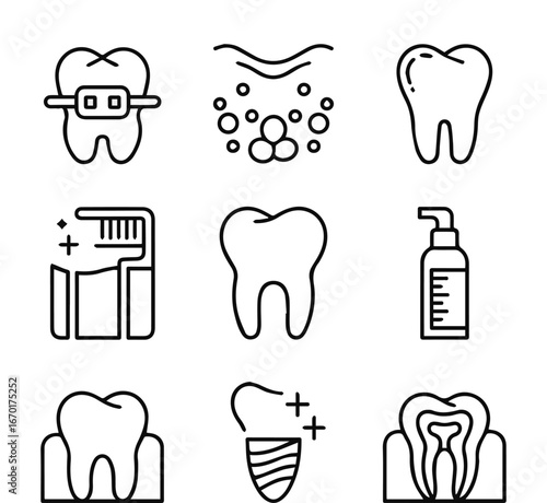 Isolated a Medical dental care line icon set. Vector pictograms of braces, implants, cavities, toothbrush, hygiene, gum, mouthwash, whitening treatments, tooth crown and root, thin linear vector art .